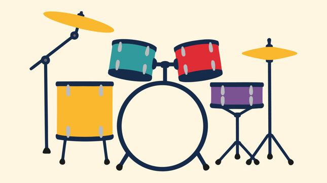 Colorful vector drum kit with yellow cymbals, teal red purple and gold shells, bold navy stands and bass outline on warm cream background, playful music illustration for bands and rhythm themes