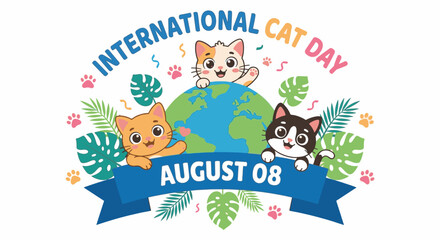 Fototapeta premium International cat day celebration banner with cute cartoon cats and globe