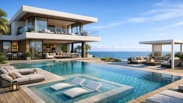 Elegant house by the sea with infinity pool, patio, and large windows overlooking ocean.