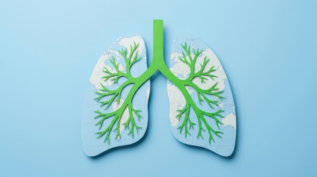 Green paper lungs with bronchial tree structure on a world map background