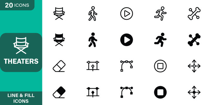 Theaters and digital media editing line and fill icon set including director chair, walking person, play button, running man, bone tool, eraser, curve tool, and stop button vector illustration.