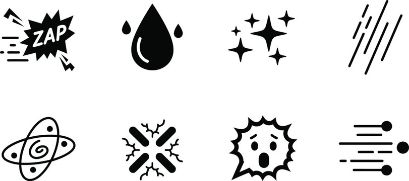 Comic Book Effects and Gaming Icon Set - Zap, Sparkle, Speed Lines, and Expression Symbols for Graphic Design, Animation, and Video Game User Interfaces