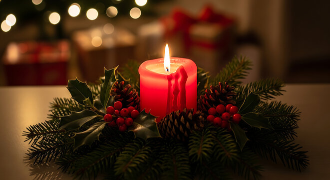 Red wax candle with lit wick surrounded by evergreen foliage and pinecones festive photo pillar
