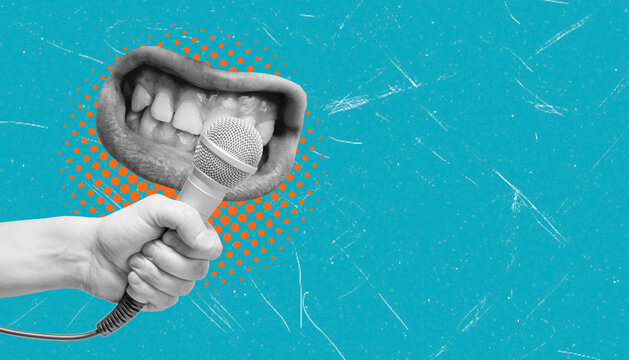 Art collage showing a hand holding a microphone and a mouth with teeth speaking out on a bright blue background