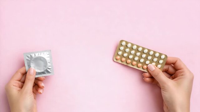 Pink background with two hands holding contraception items. One hand holds a foil-covered condom. Other hand holds a blister pack of pills. Hands are steady, showing both products clearly