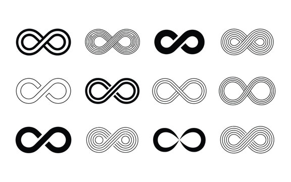 Infinity symbols. Set of infinity icons. Symbols of endless, unlimited, eternal. Vector illustration with transparent background