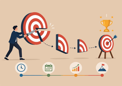 Break down big goal into small achievable goals, success strategy to focus on short, medium and long term goals to achieve final accomplishment, businessman break down dartboard target into chunks