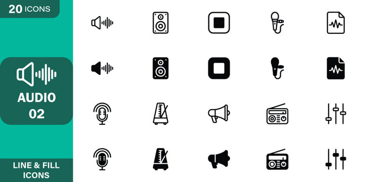 Audio and sound editing line and fill icon set including speaker wave, studio monitor, stop button, microphone, audio file, metronome, megaphone, radio, and equalizer fader vector illustration.
