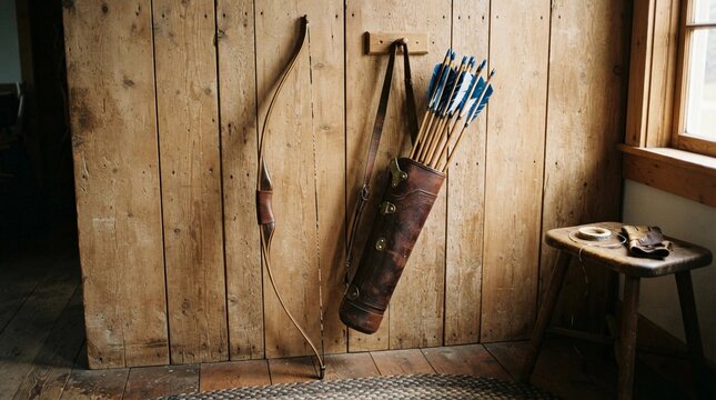 Traditional wooden longbow hanging beside a weathered brown leather quiver filled with blue fletched arrows against a rustic vertical pine wall in an antique room