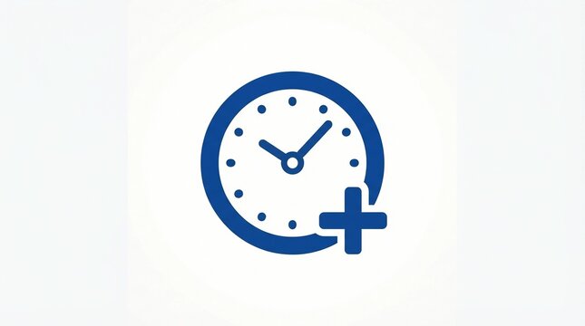 Minimalist blue clock icon featuring a bold plus sign symbol representing additional time management efficiency and productivity concepts for modern professional business web design graphic interface