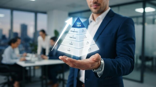 Professional businessman holding a glowing holographic corporate hierarchy pyramid chart showing organizational structure growth with a bright white upward arrow in a modern glass office setting