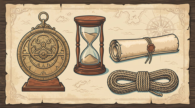 Vintage Navigation Tools Collection with Compass, Hourglass and Scroll for Columbus Day