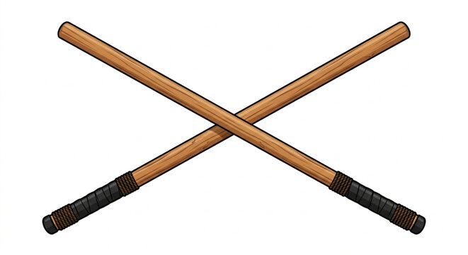 Two Crossed Wooden Martial Arts Sticks Isolated on White Background