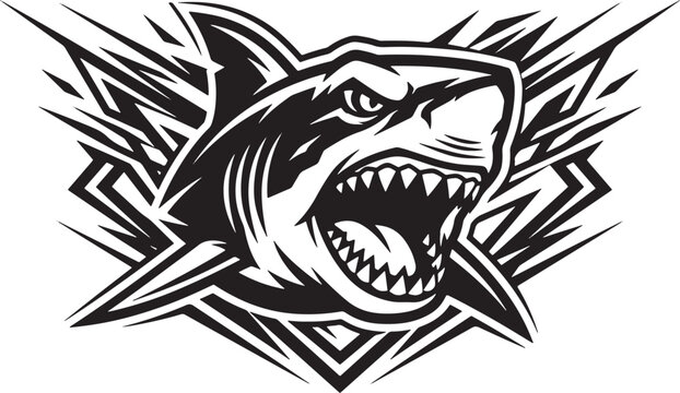 Aggressive shark mascot with open jaws and sharp teeth