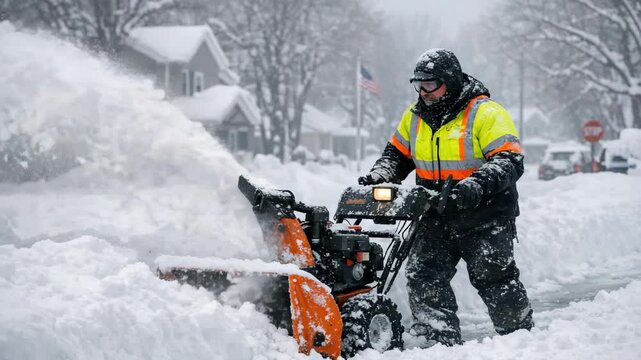 A city worker operating a snow blower during a snowstorm. The person is wearing a reflective safety vest and heavy winter clothing, including a helmet for protection.