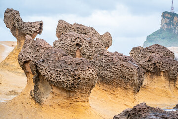 Fototapeta premium Scenic close-up view of hoodoo stones rock formation in Yehliu geopark in New Taipei Taiwan