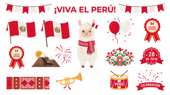 Vibrant Peruvian flag ribbon illustration features a llama with balloons and flowers celebrating Peru.