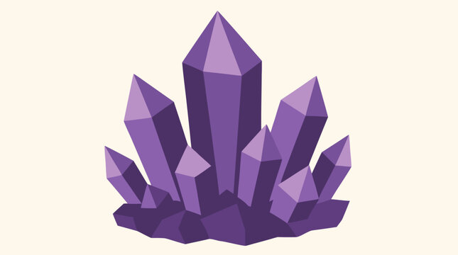 Cluster of faceted amethyst crystals in rich violet tones on a warm cream background, geometric gemstone vector illustration for wellness, spirituality, decor, mineral, and luxury design projects