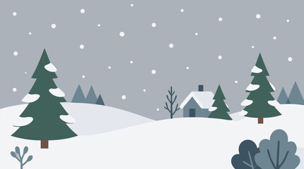 Obraz premium Peaceful winter village landscape vector with snow covered hills, falling flakes, pine trees and cozy cottage under gray sky, serene seasonal scene for holiday cards and travel art