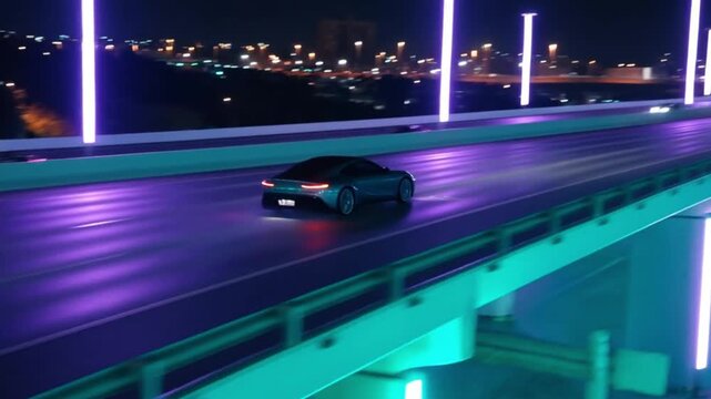 futuristic sports car driving on neon bridge at night cinematic intro video
