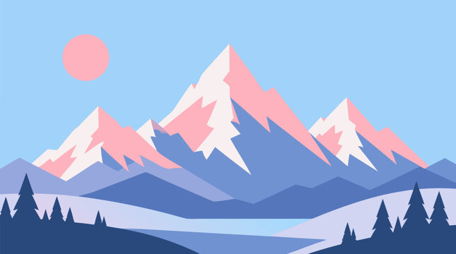 Snowy alpine mountain peaks glowing rosy pink at sunrise, serene pastel vector landscape with clear blue sky, frozen lake, pine silhouettes, crisp air and tranquil winter wilderness panorama