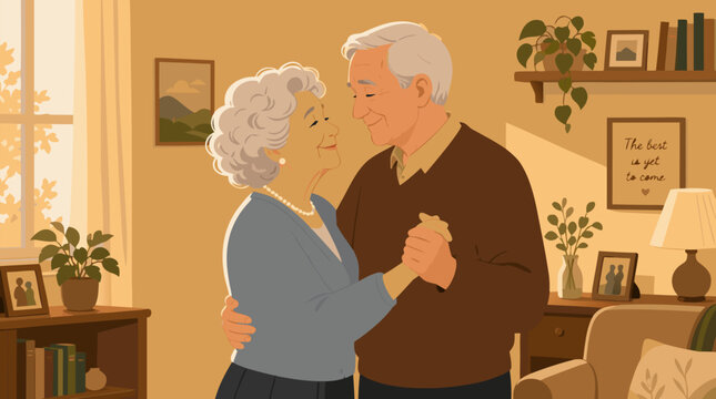 Tender senior couple slow dancing together in a cozy living room, holding hands and smiling in warm golden sunlight, nostalgic romantic vector illustration about lasting love and aging gracefully