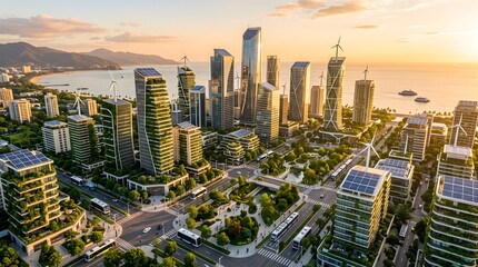 Obraz premium Sustainable Eco-Friendly Futuristic Urban Cityscape with Green Skyscrapers and Renewable Energy Infrastructure at Sunset