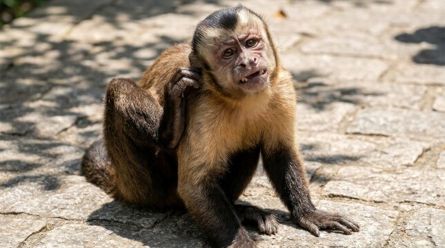 Capuchin monkey scratching ear on sunlit stone pavement