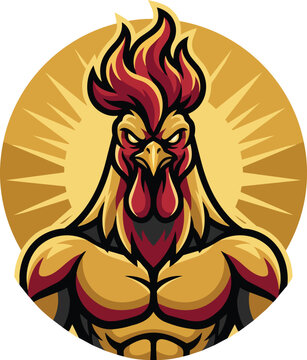 Fierce muscular rooster mascot logo vector illustration with gold sunburst