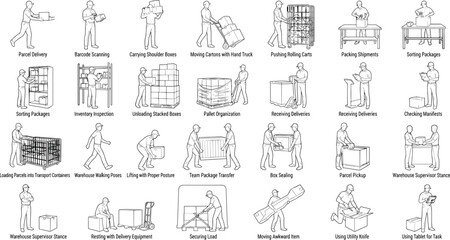 Fototapeta premium Warehouse Logistics Workers Collection with Material Handling and Delivery Operations Outline Line Art Vector Set