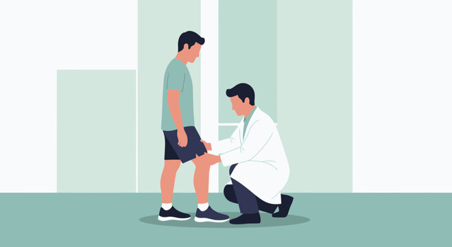 Doctor examines patient's knee, medical consultation, healthcare concept illustration
