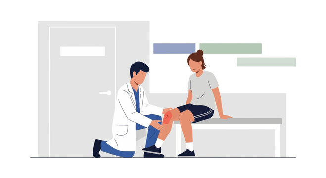 Doctor examines patient's knee, medical consultation, healthcare illustration