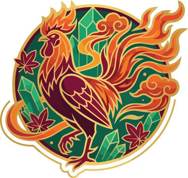 Powerful muscular rooster mascot illustration with fiery feathers and sunburst