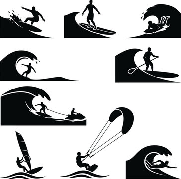 water sport surfing silhouette collection with waves paddleboarding and kitesurfing vector illustration for active summer lifestyle.