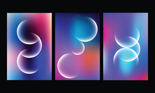 Futuristic abstract poster set with bright blurred gradient and glowing loops