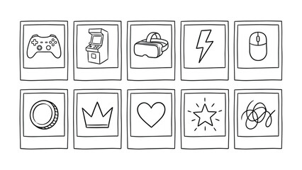 Gaming Icons in Polaroid Frames: A collection of hand-drawn gaming icons, including a controller, arcade machine, VR headset, and more, are presented in polaroid frames. © ABUBAKAR