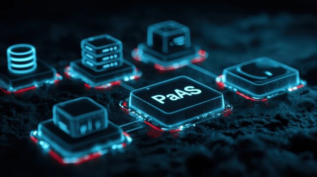 A futuristic digital illustration of interconnected microchips with a central chip labeled "PaaS," highlighting platform-as-a-service technology in a glowing blue and red cyber environment.