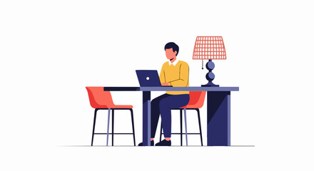 Fototapeta premium Man Working on Laptop at Desk in Minimalist Home Office Vector Illustration