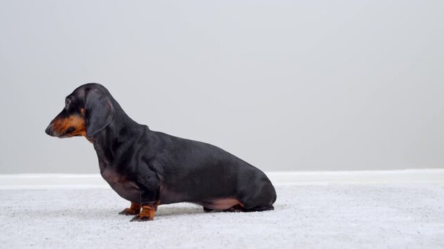 A black and tan dachshund dog sits on a carpeted floor against a plain wall, looking up and licking its lips with copy space beside it.