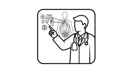 Fototapeta premium Doctor pointing at human anatomy diagram showing heart and lungs, medical education concept