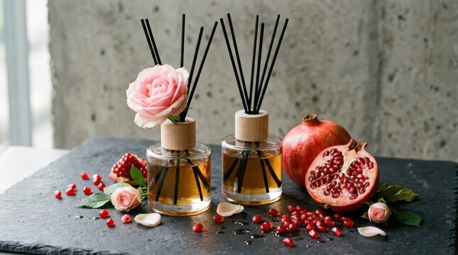 Aromatic reed diffusers with rose flowers and fresh pomegranate fruit on a dark stone surface