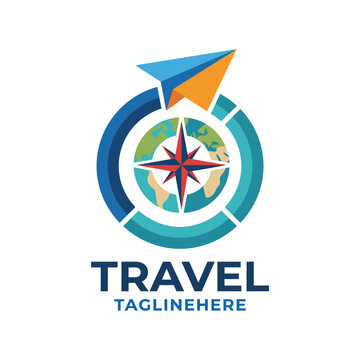 This vibrant logo effectively combines travel elements such as a globe, paper airplane, and compass, symbolizing exploration and adventure around the world.