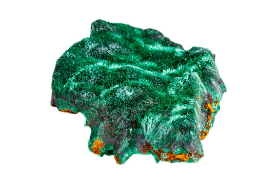 Vibrant green malachite crystal specimen with rich banding patterns isolated on white background showcasing natural mineral formation and crystalline texture