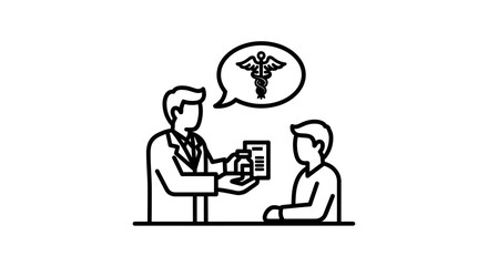 Fototapeta premium Doctor shows medical information to patient, caduceus symbol in speech bubble