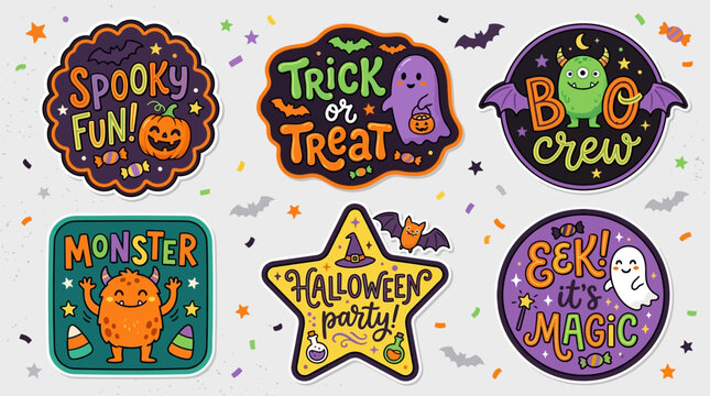 Vibrant halloween themed stickers with glowing jack o lanterns celebration