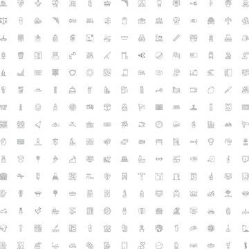 Set of minimalist outline icons presenting a wide range of familiar items, symbols, and abstract ideas for various design applications and digital projects