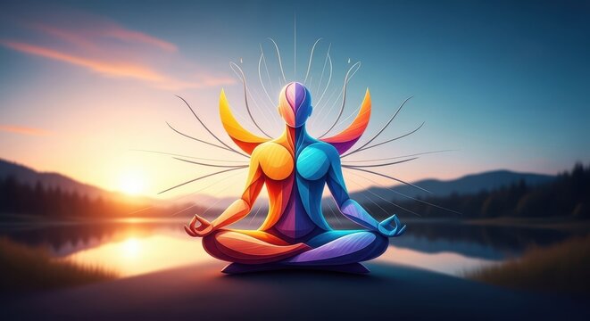Practicing mindful meditation in a serene natural setting, fostering inner peace and rejuvenation to maintain lifelong youthful vitality and health, quiet, flourishing, practice