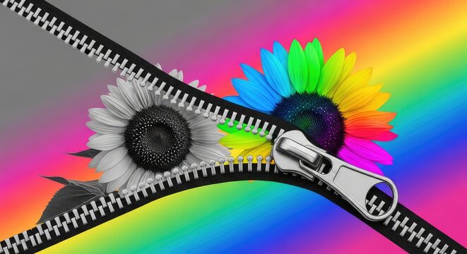 Colorful rainbow with black and white flowers and zippers on vibrant background