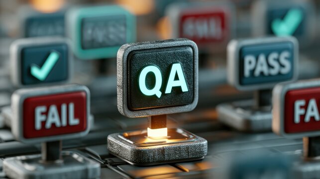 A close-up of a keyboard with keys labeled "QA," "FAIL," and "PASS," symbolizing quality assurance and testing processes.