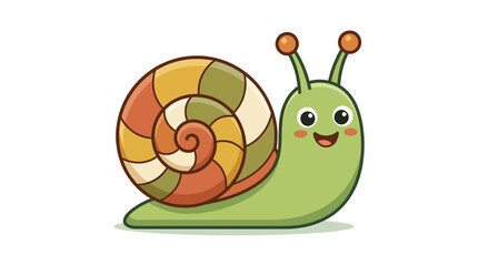 A cute and happy cartoon snail with a colorful shell smiles on a white background. © Graffico